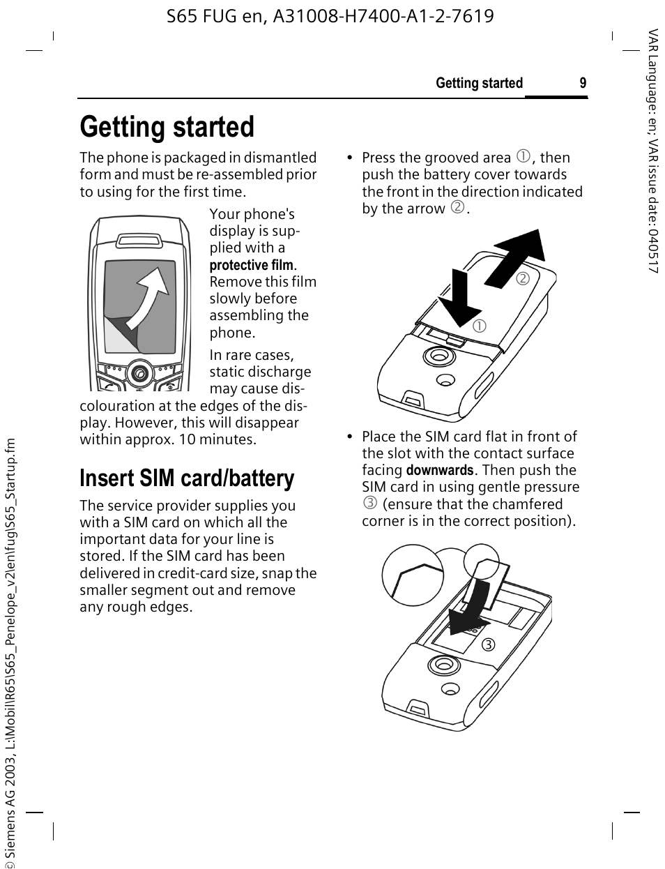 Getting started, Insert sim card/battery | Siemens S65 User Manual | Page 10 / 145