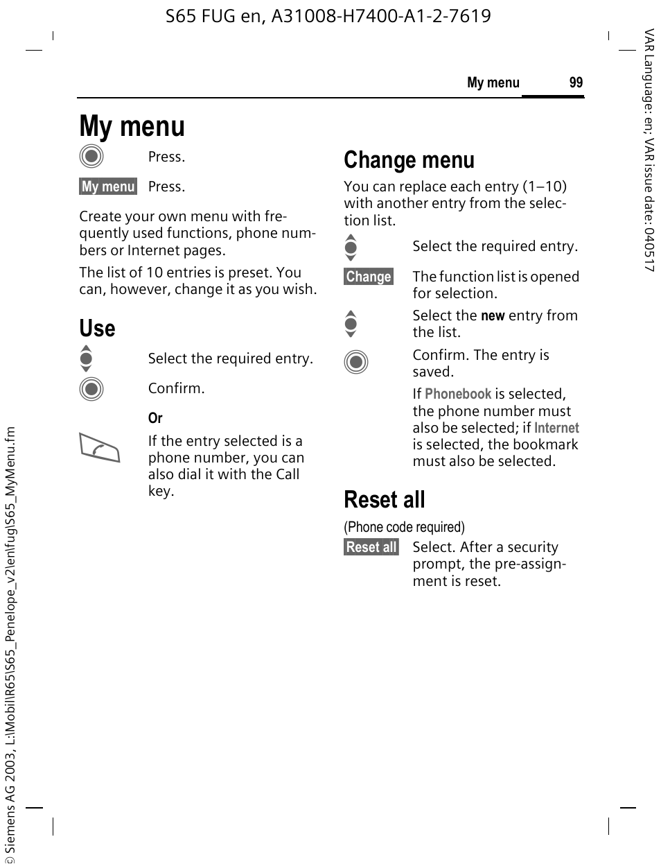 My menu, Create your own menu (p. 99) wit, My menu c | Change menu, Reset all | Siemens S65 User Manual | Page 100 / 145