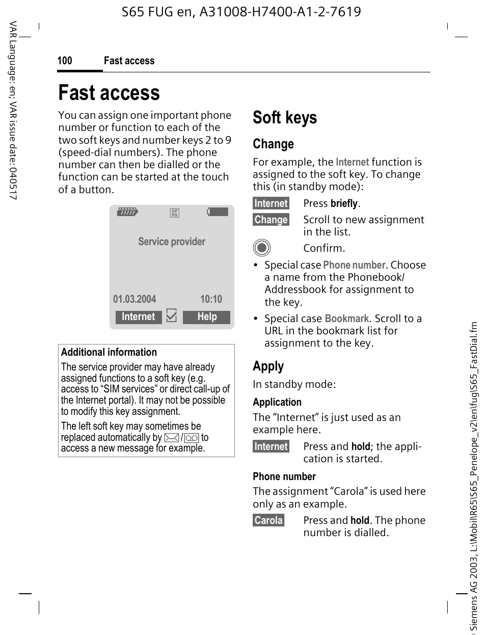 Fast access, Soft keys, Change | Apply | Siemens S65 User Manual | Page 101 / 145