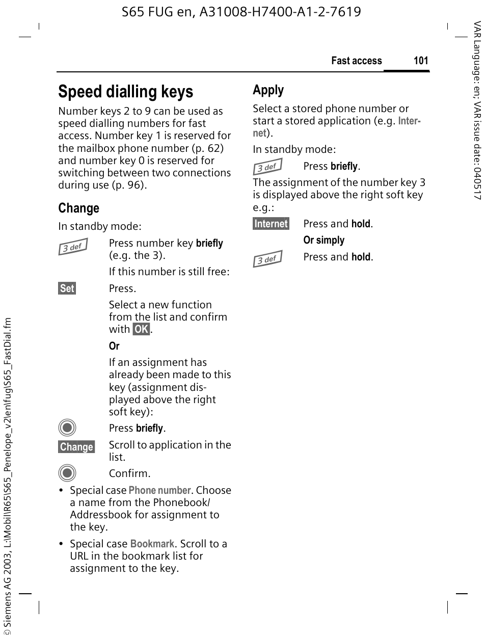 Speed dialling keys, Change, Apply | Siemens S65 User Manual | Page 102 / 145