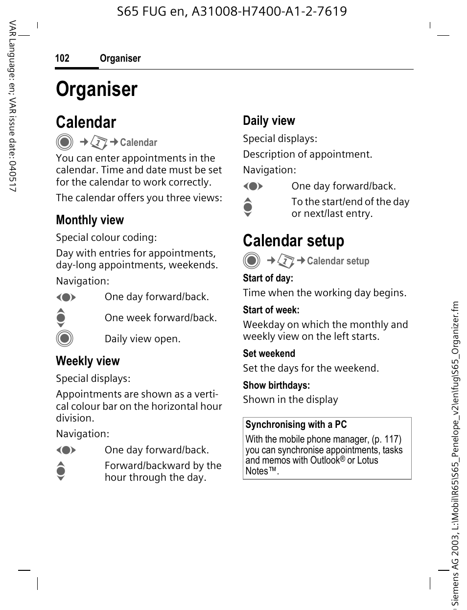 Organiser, Calendar, Calendar setup | Siemens S65 User Manual | Page 103 / 145