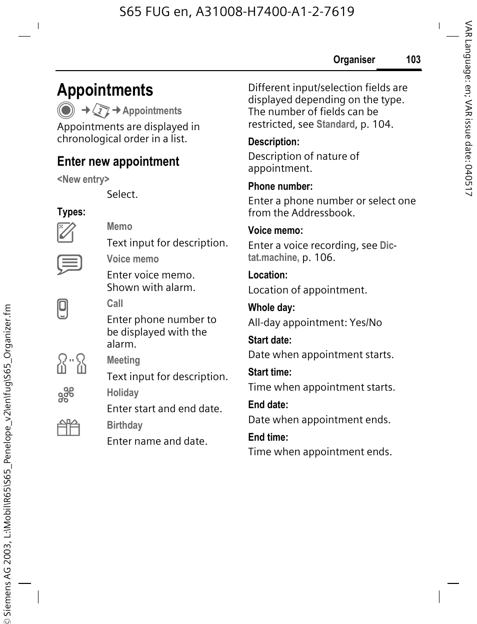 Appointments | Siemens S65 User Manual | Page 104 / 145