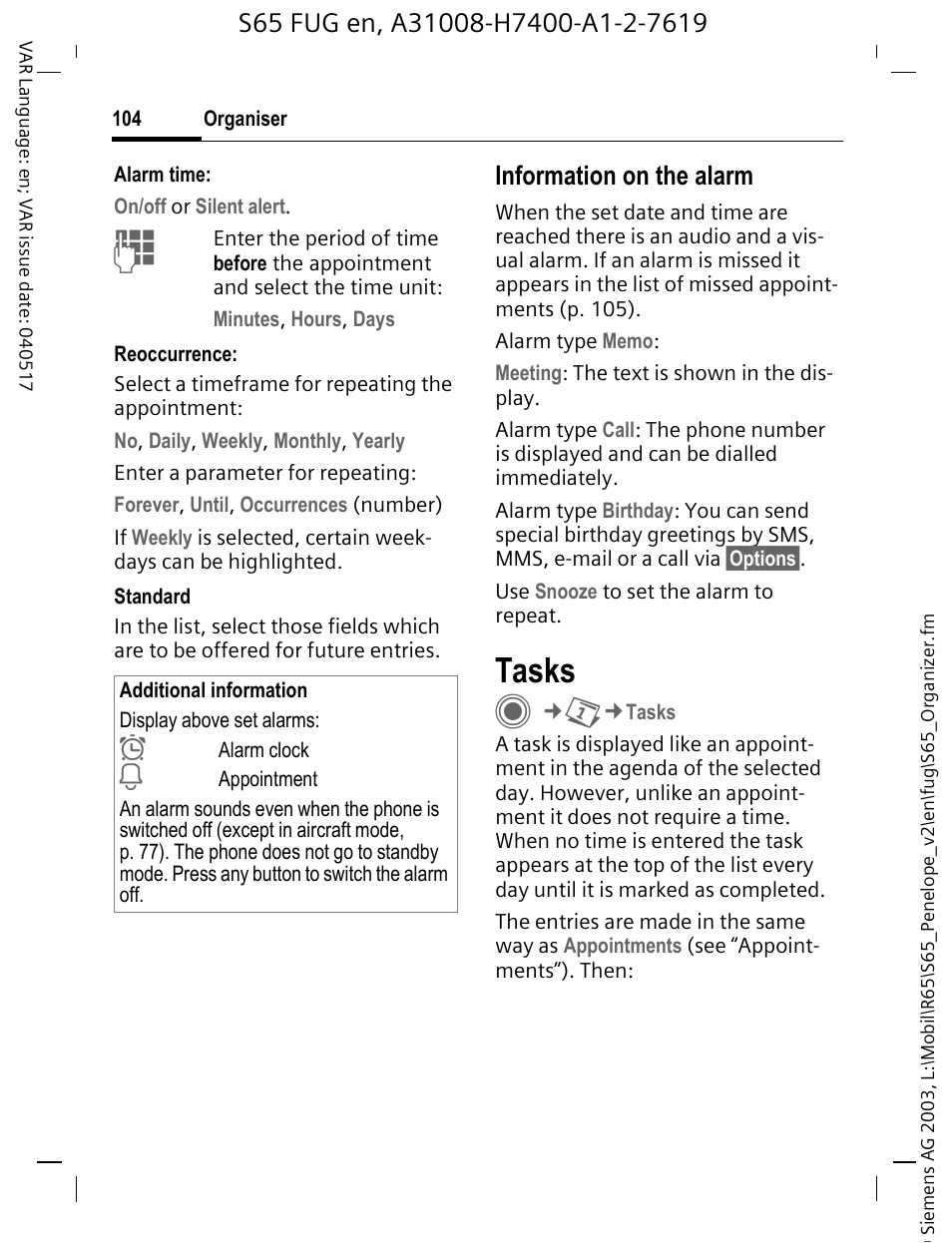 Tasks, Information on the alarm | Siemens S65 User Manual | Page 105 / 145