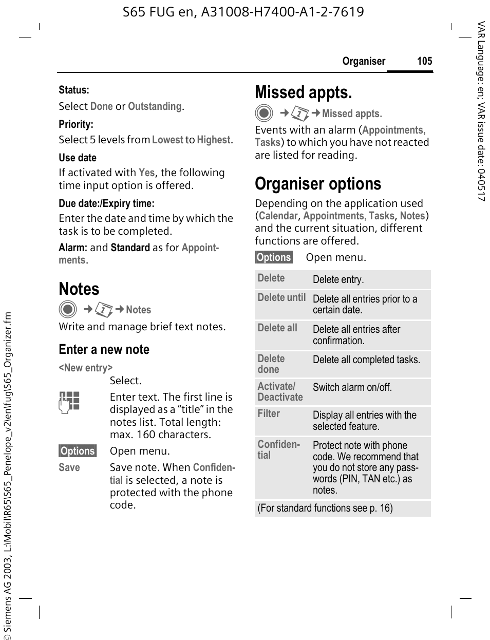 Notes, Missed appts, Organiser options | Siemens S65 User Manual | Page 106 / 145