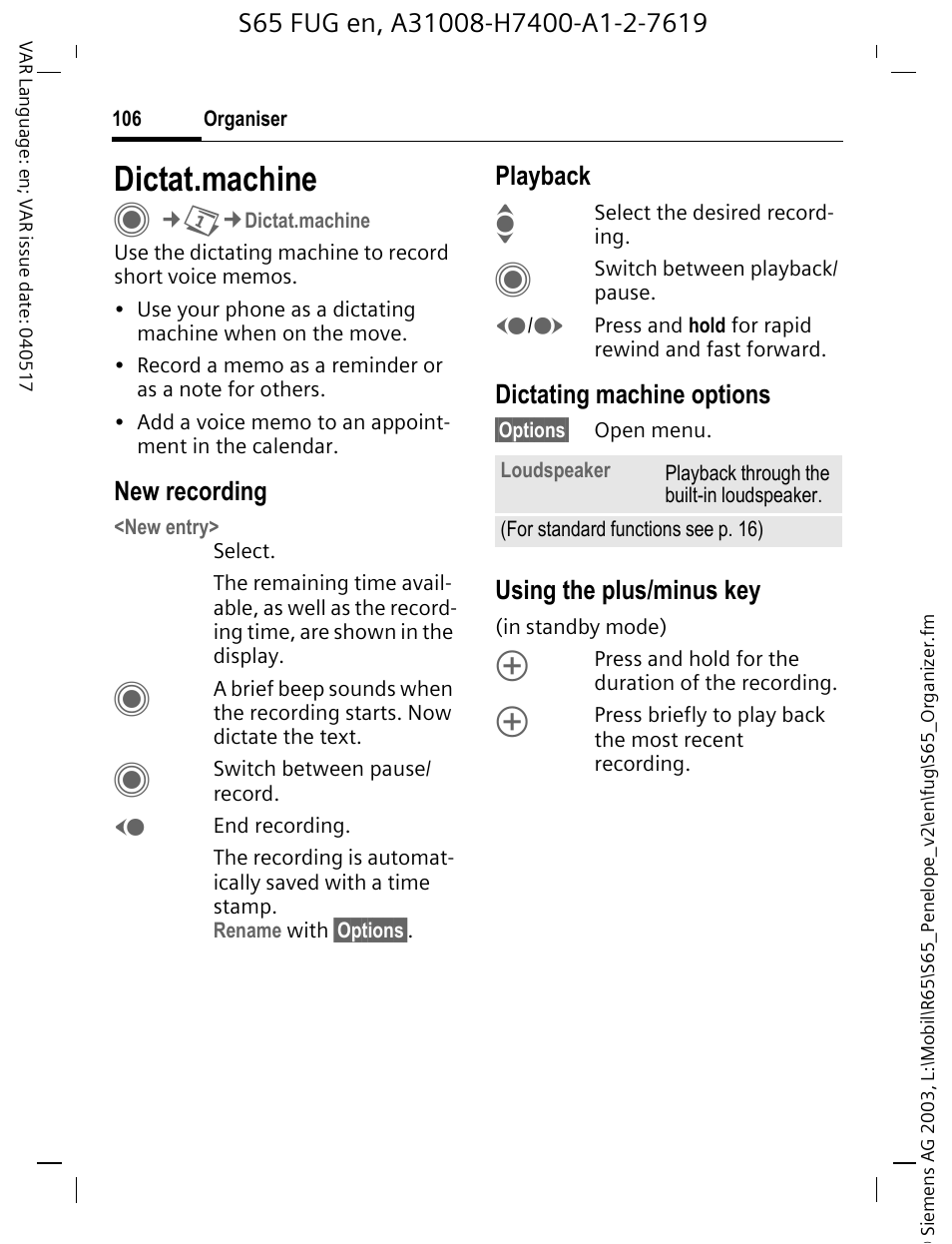 Dictat.machine, Dictating mac | Siemens S65 User Manual | Page 107 / 145