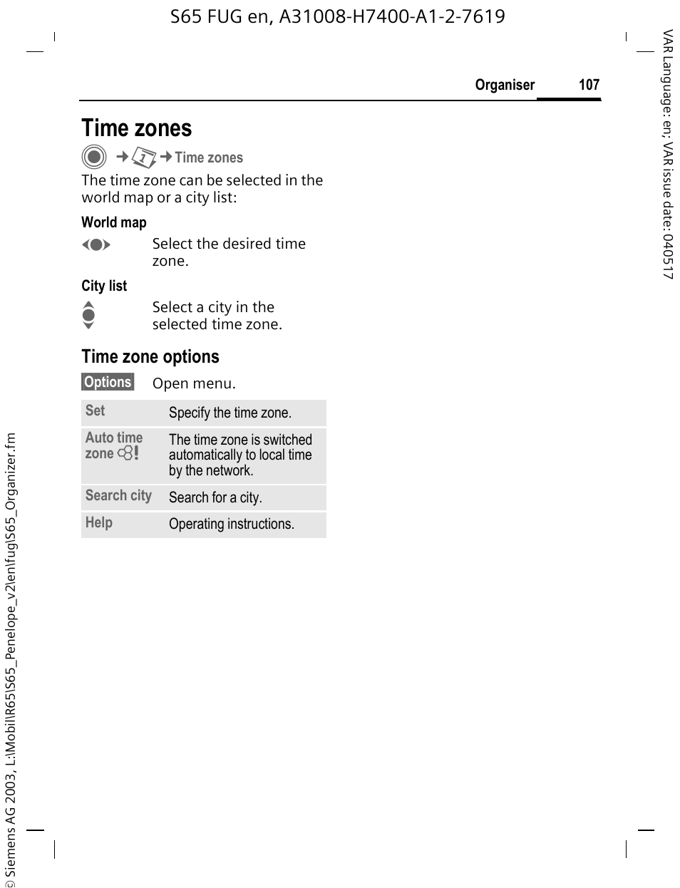 Time zones, Time zone options | Siemens S65 User Manual | Page 108 / 145