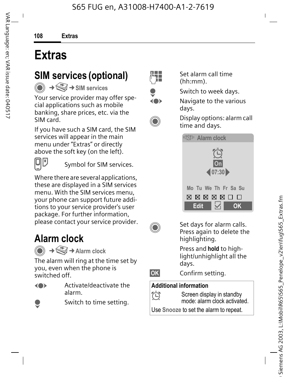 Extras, Sim services (optional), Alarm clock | Sim services (op, Sim services, Optional) | Siemens S65 User Manual | Page 109 / 145