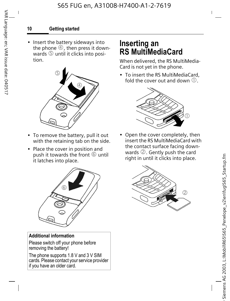 Inserting an rsmultimediacard, Inserting an, Rs multimediacard | Inserting an rs multimediacard | Siemens S65 User Manual | Page 11 / 145