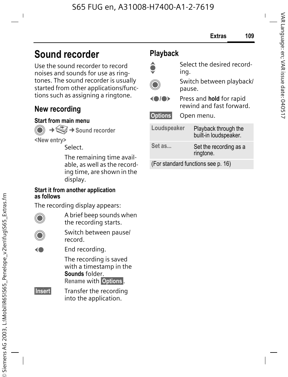 Sound recorder | Siemens S65 User Manual | Page 110 / 145