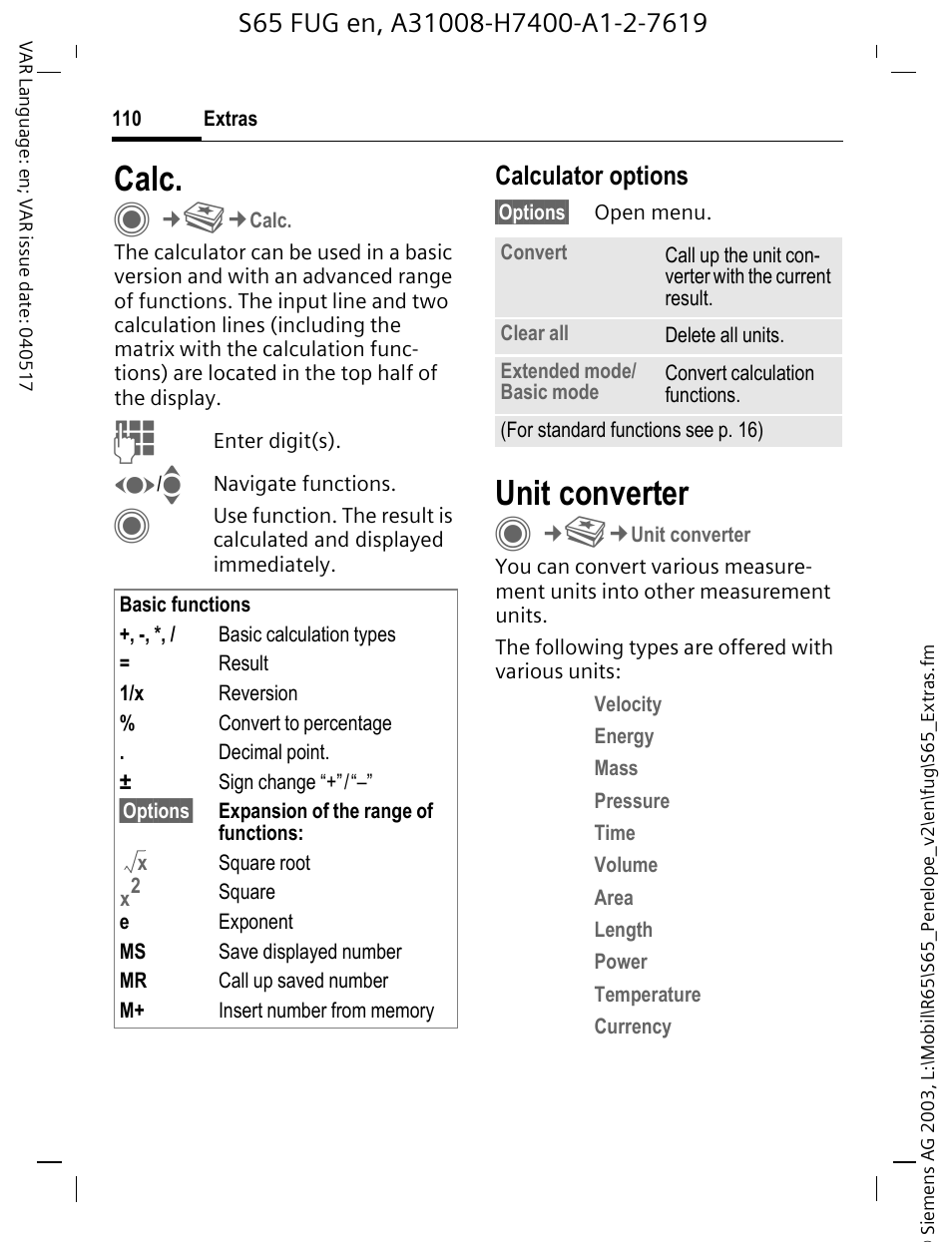 Calc, Unit converter, Calculator options | Siemens S65 User Manual | Page 111 / 145