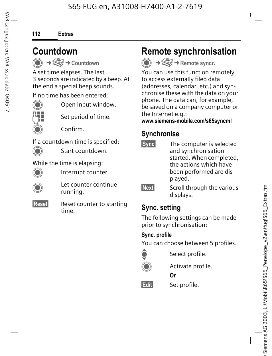 Countdown, Remote synchronisation, See also p. 112) | Siemens S65 User Manual | Page 113 / 145