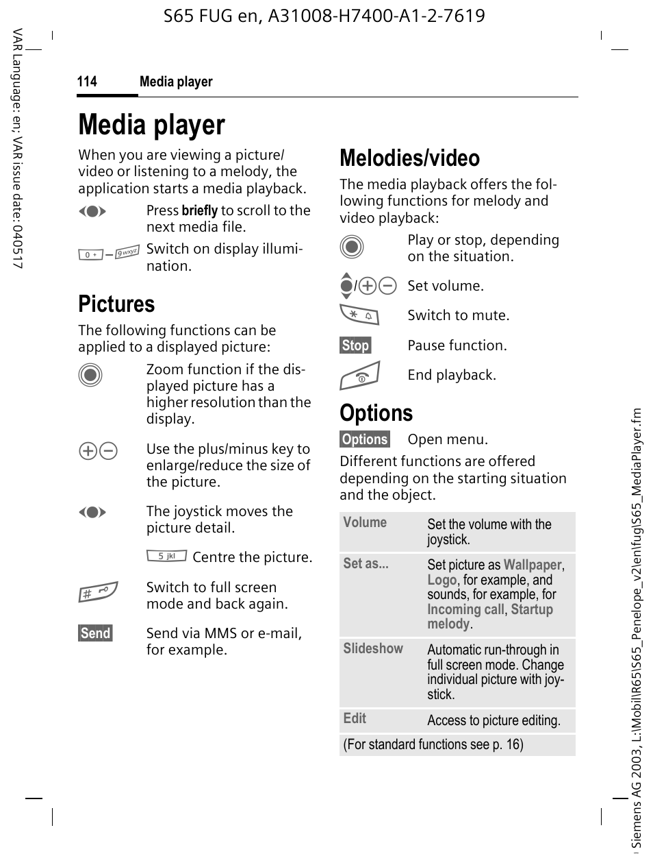 Media player, Pictures, Melodies/video | Options | Siemens S65 User Manual | Page 115 / 145