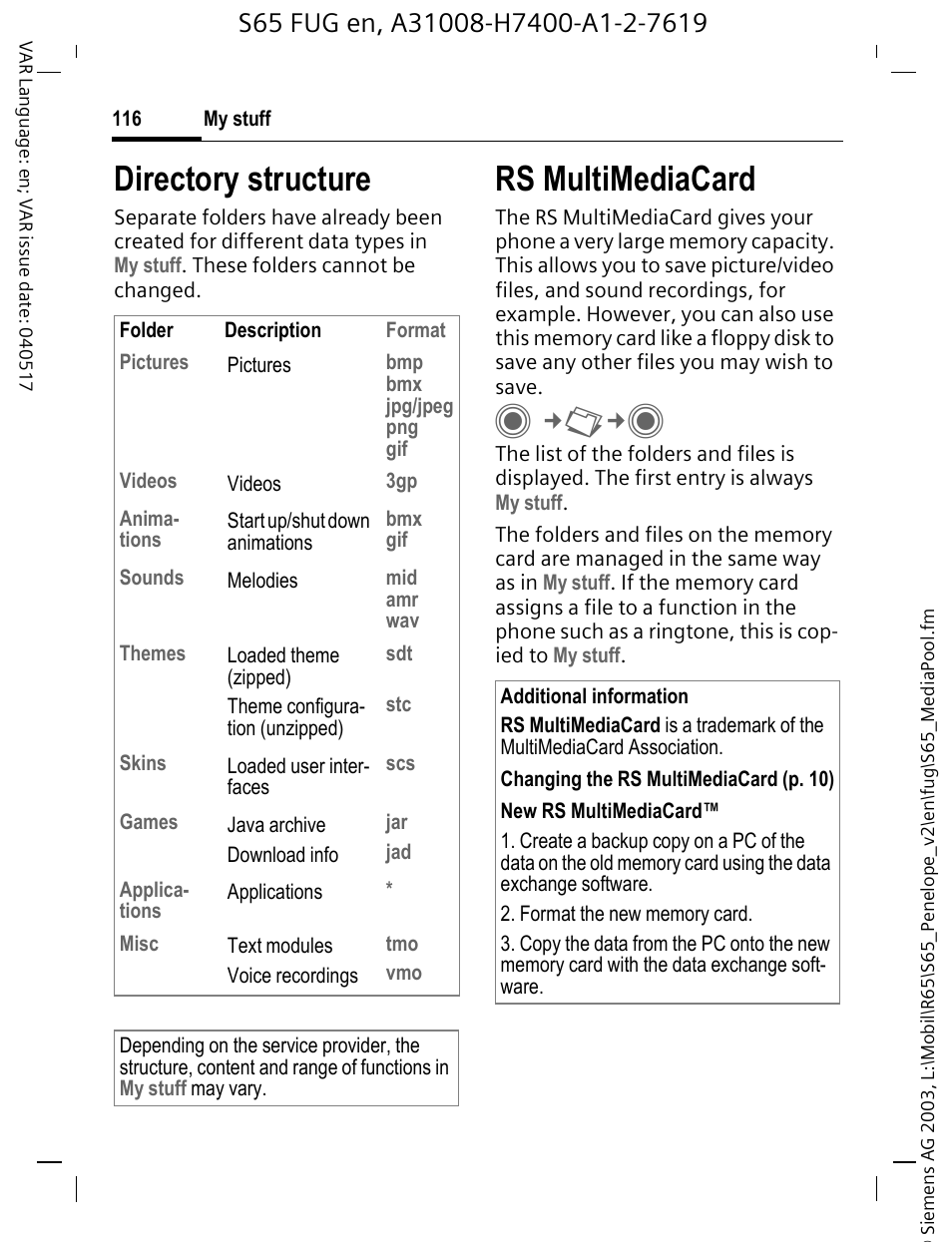 Rs multimediacard, P. 116), Directory structure | Siemens S65 User Manual | Page 117 / 145