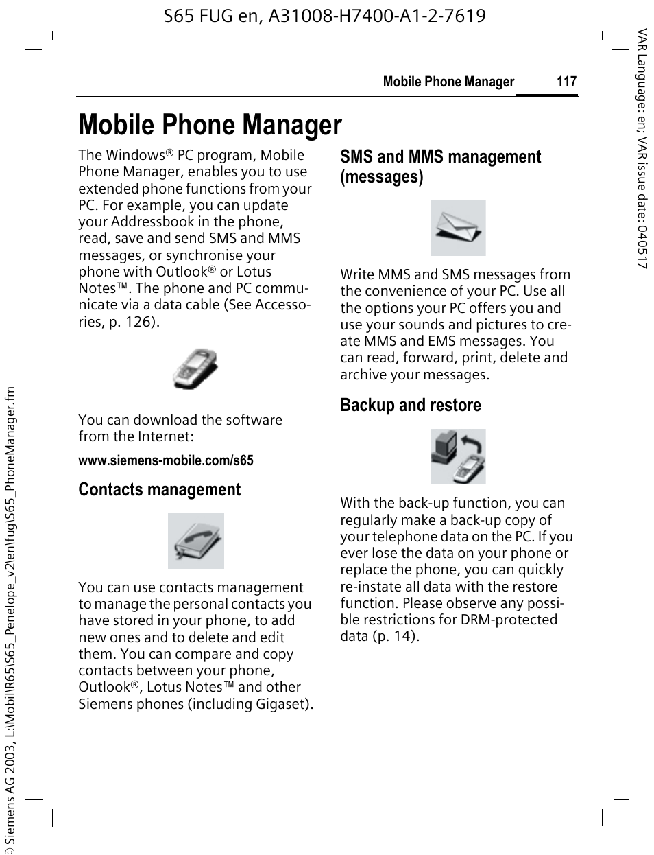 Mobile phone manager, Er (p. 117), Contacts management | Sms and mms management (messages), Backup and restore | Siemens S65 User Manual | Page 118 / 145