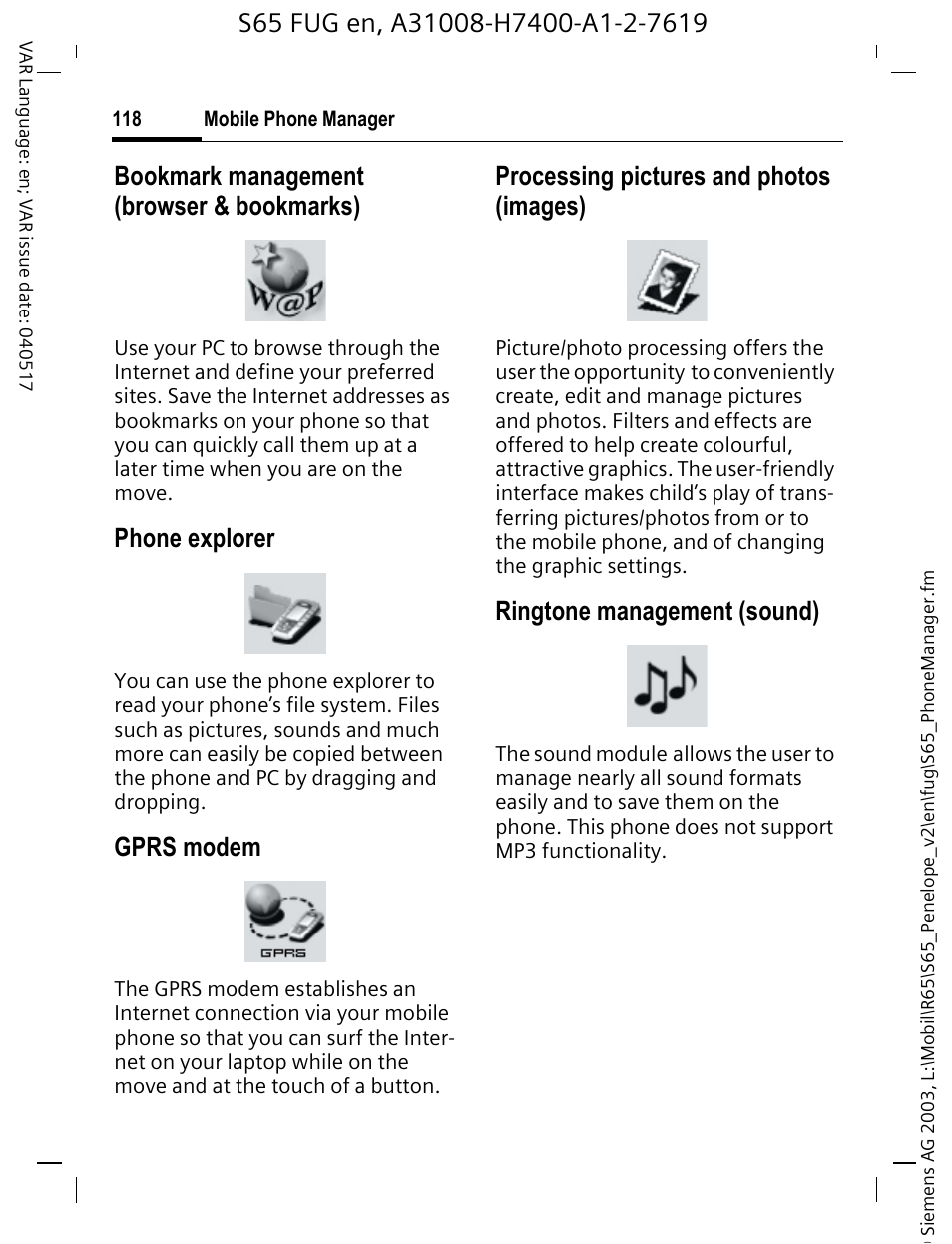 Bookmark management (browser & bookmarks), Phone explorer, Gprs modem | Processing pictures and photos (images), Ringtone management (sound) | Siemens S65 User Manual | Page 119 / 145