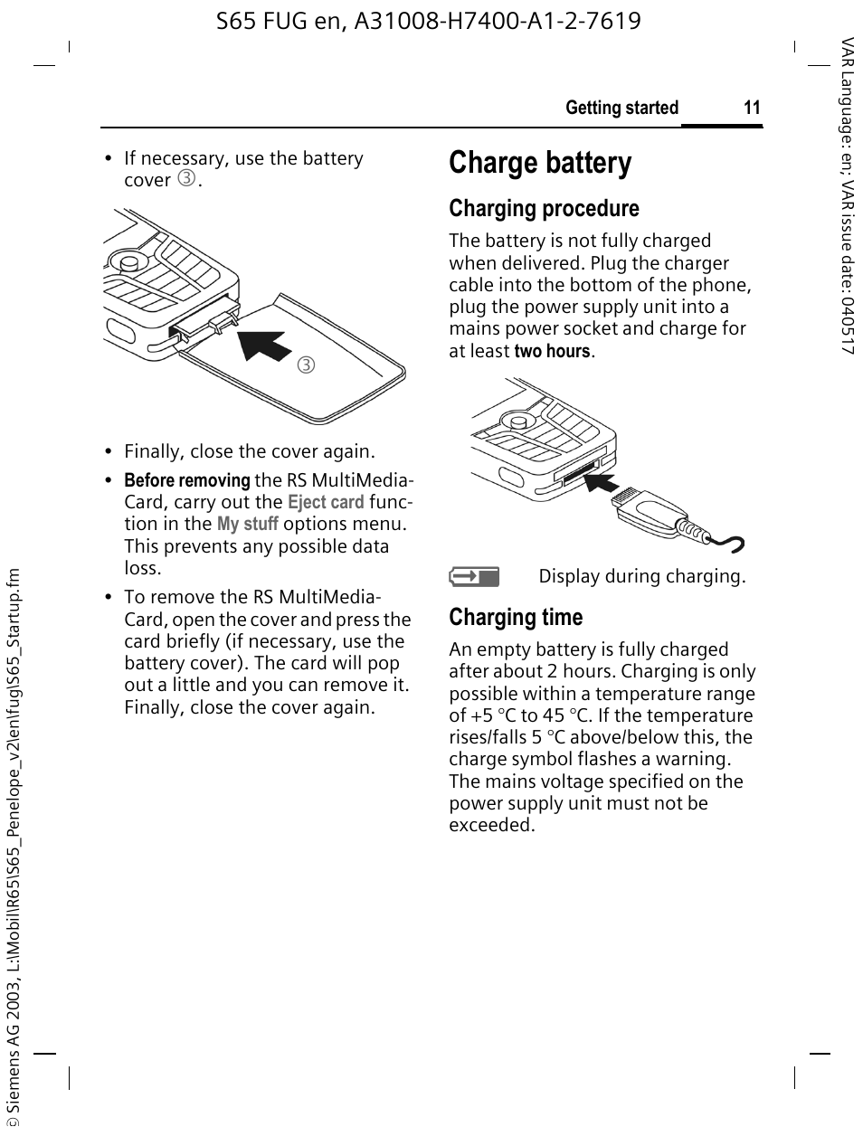 Charge battery, Charging procedure, Charging time | Siemens S65 User Manual | Page 12 / 145