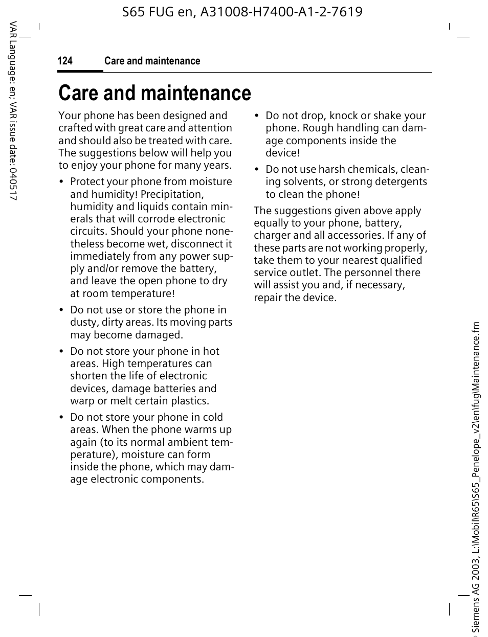 Care and maintenance | Siemens S65 User Manual | Page 125 / 145