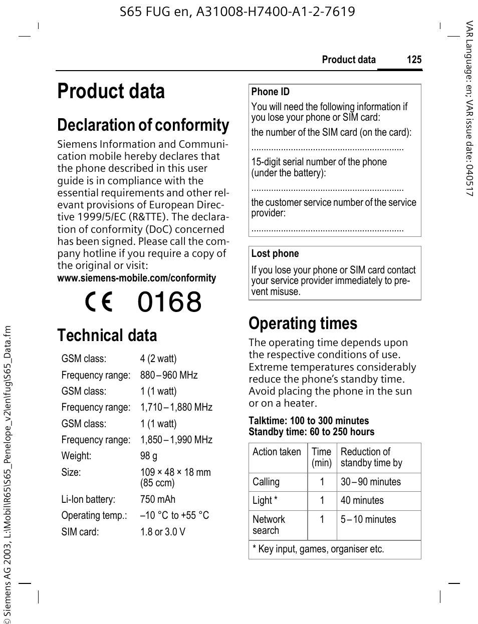 Product data, Declaration of conformity, Technical data operating times | Siemens S65 User Manual | Page 126 / 145