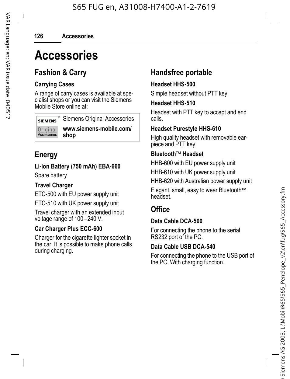 Accessories, Fashion & carry, Energy | Handsfree portable, Office | Siemens S65 User Manual | Page 127 / 145