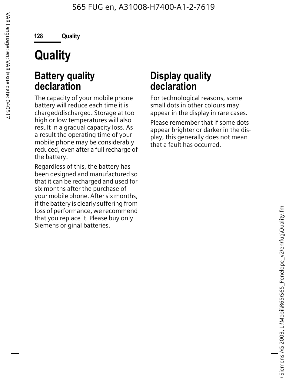 Quality, Battery quality declaration, Display quality declaration | Siemens S65 User Manual | Page 129 / 145