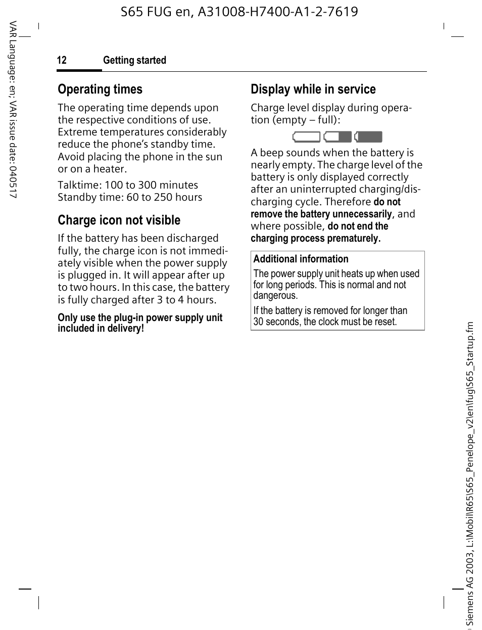 Operating times, Charge icon not visible, Display while in service | Siemens S65 User Manual | Page 13 / 145