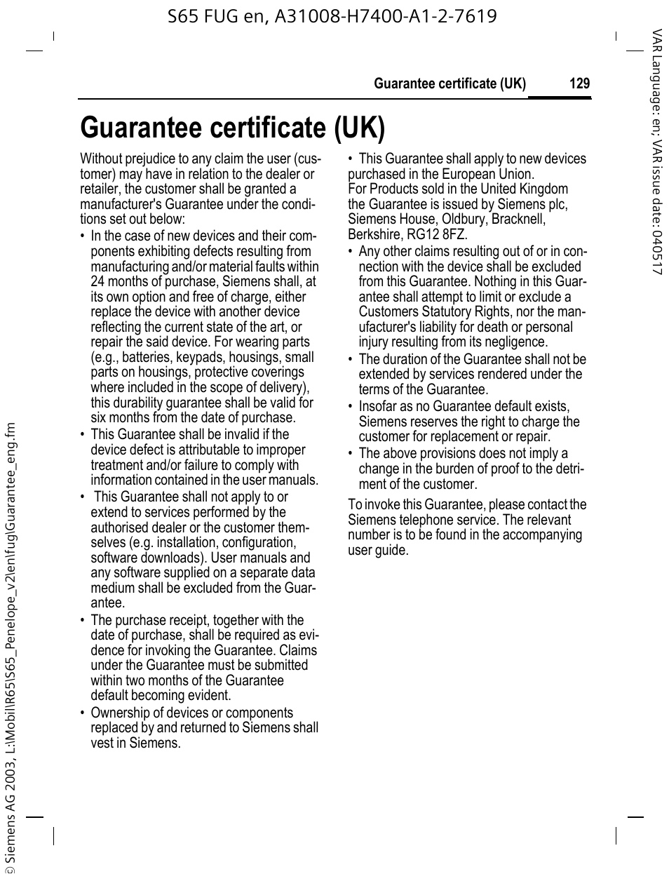 Guarantee certificate (uk) | Siemens S65 User Manual | Page 130 / 145