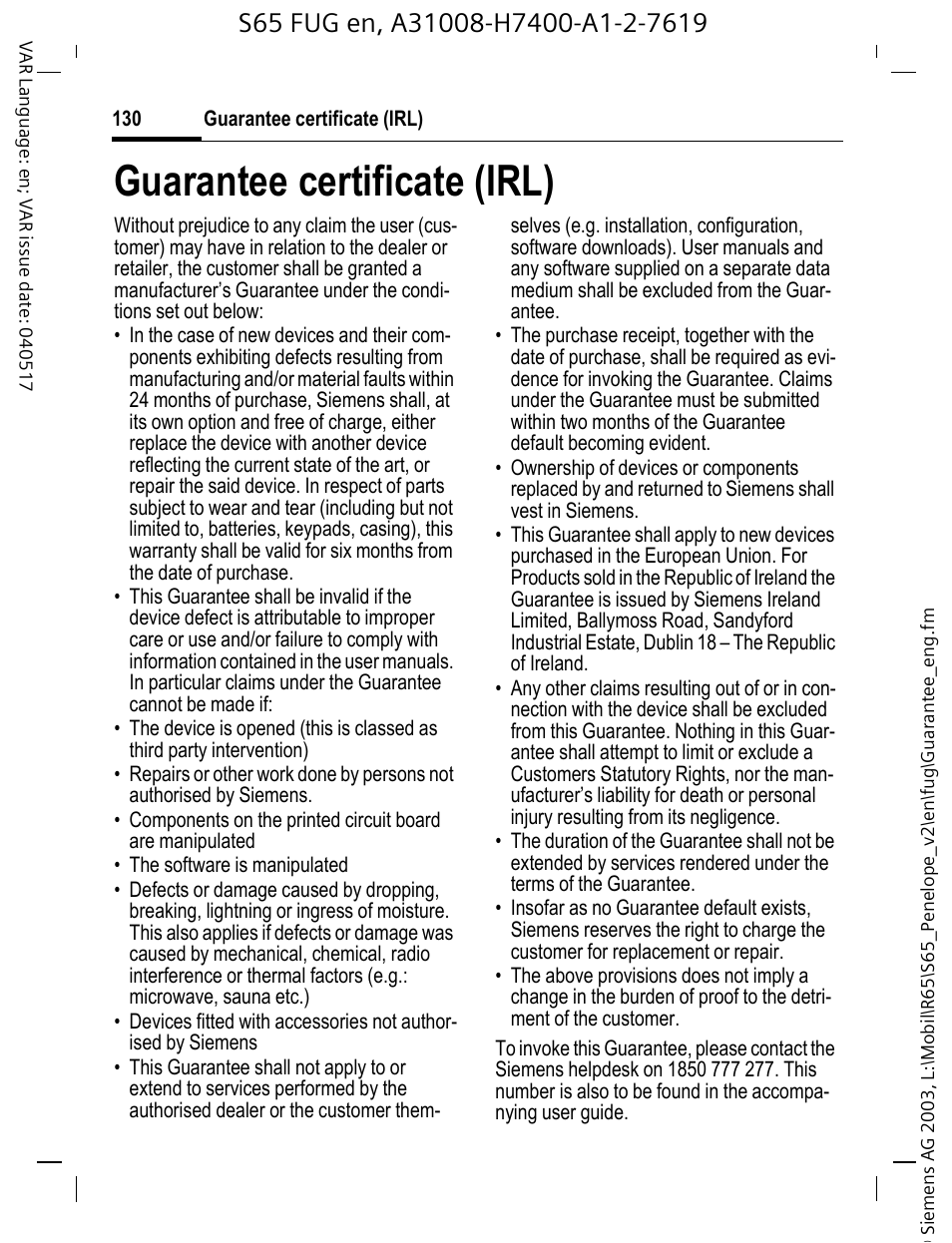 Guarantee certificate (irl) | Siemens S65 User Manual | Page 131 / 145