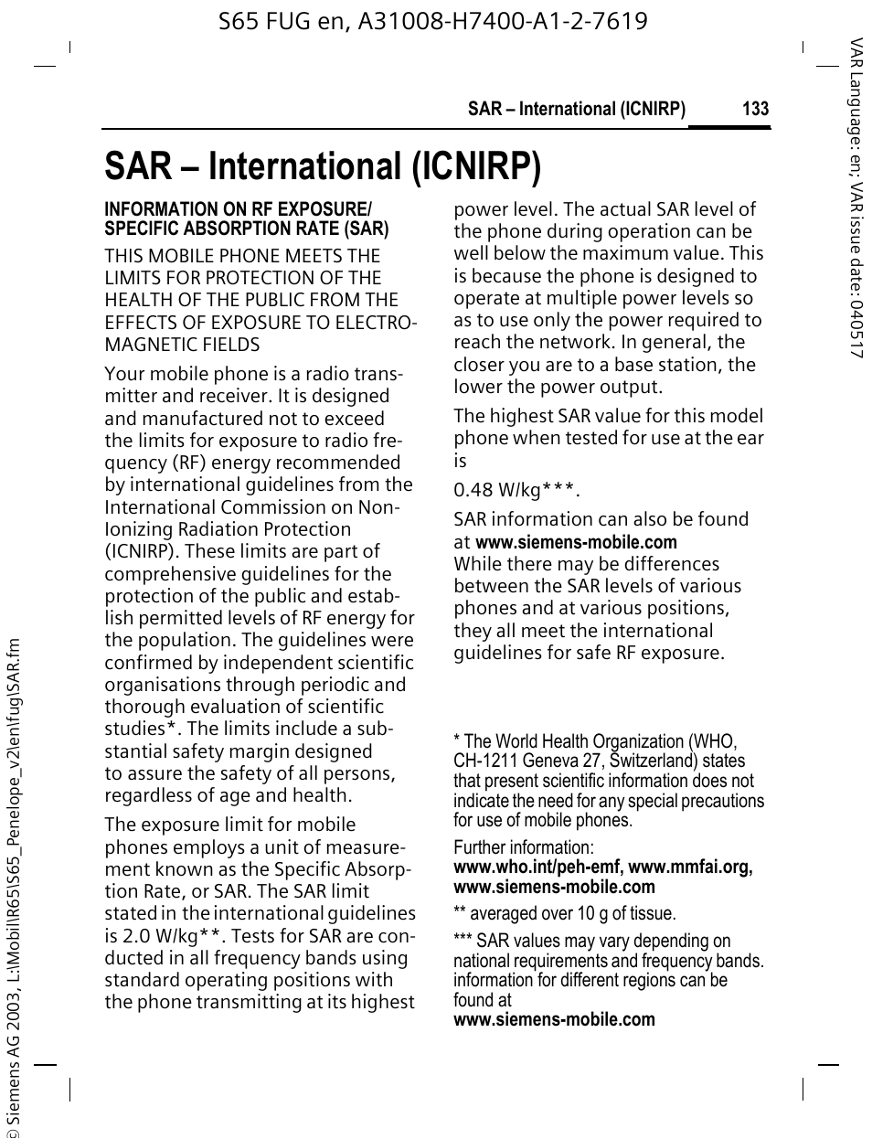 Sar – international (icnirp), Sar – international, Icnirp) | Siemens S65 User Manual | Page 134 / 145