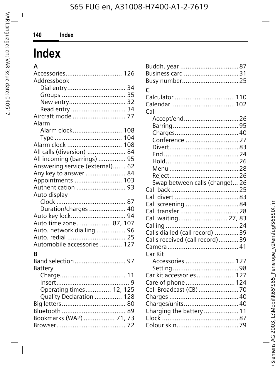 Index | Siemens S65 User Manual | Page 141 / 145