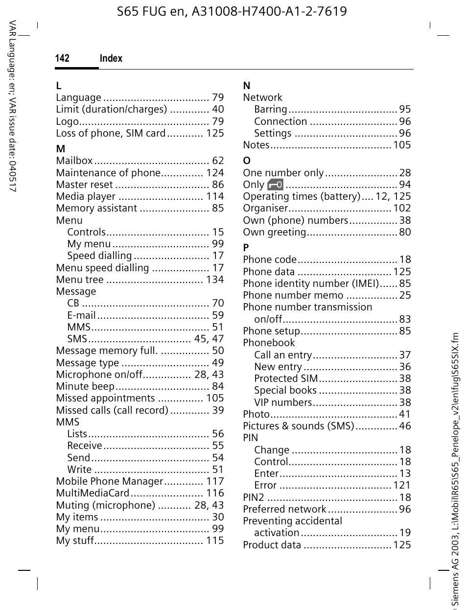 Siemens S65 User Manual | Page 143 / 145