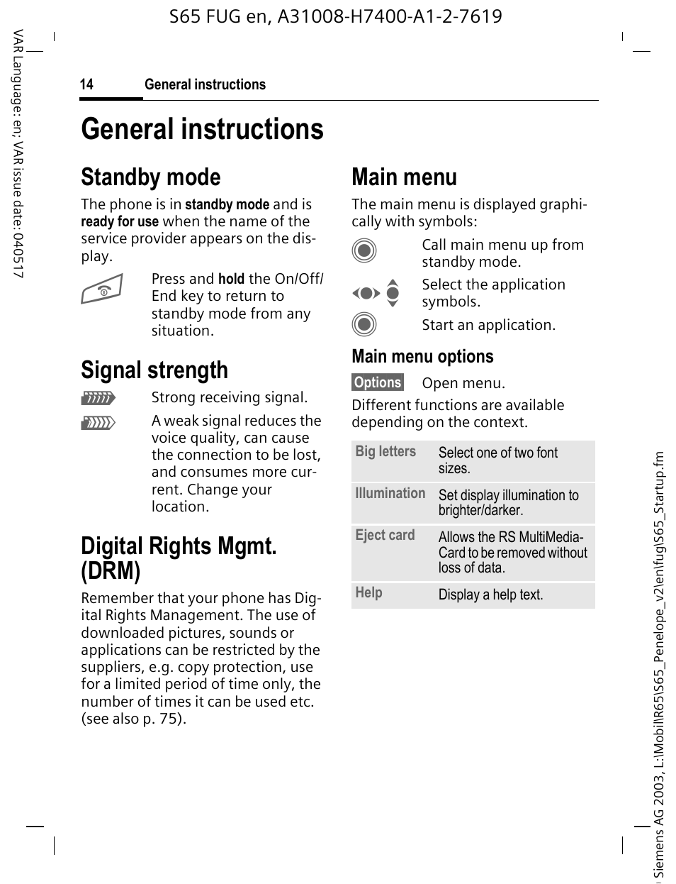 General instructions, Standby mode, Signal strength | Digital rights mgmt. (drm), Main menu | Siemens S65 User Manual | Page 15 / 145