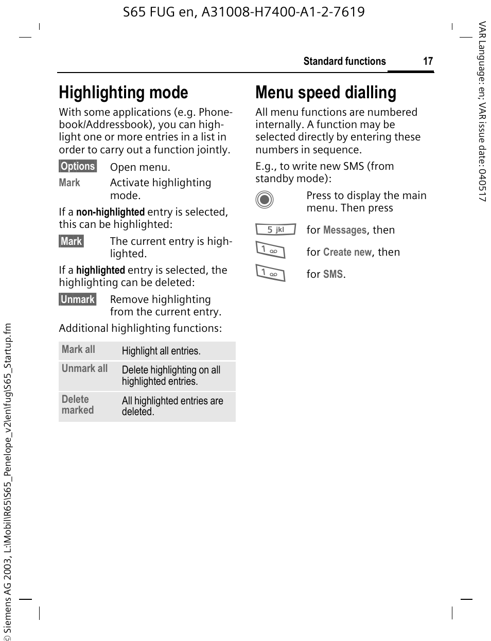 Highlighting mode, Menu speed dialling | Siemens S65 User Manual | Page 18 / 145