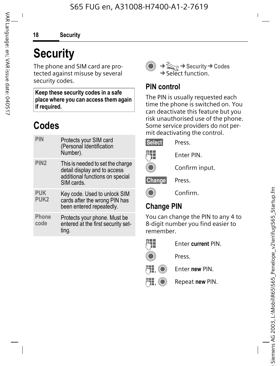 Security, Codes | Siemens S65 User Manual | Page 19 / 145