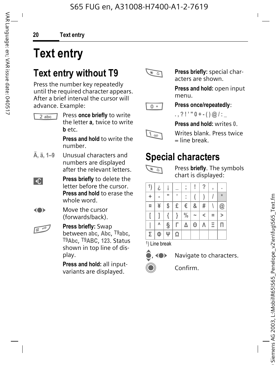 Text entry, Text entry without t9, Special characters | Siemens S65 User Manual | Page 21 / 145