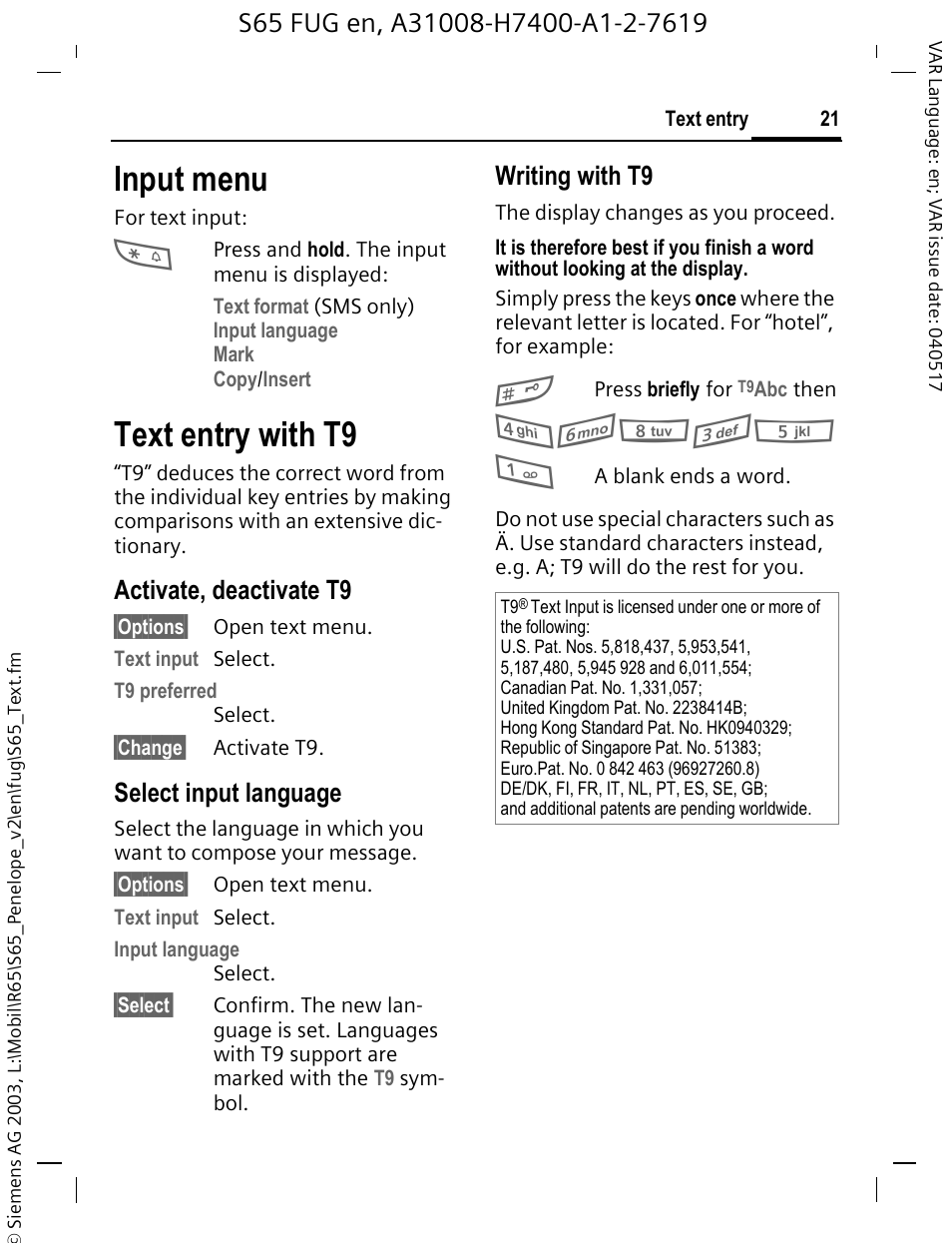 Input menu, Text entry with t9, Activate, deactivate t9 | Select input language, Writing with t9 | Siemens S65 User Manual | Page 22 / 145