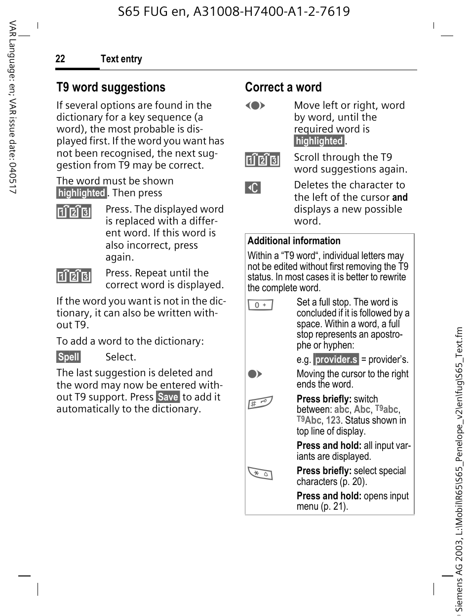 T9 word suggestions, Correct a word | Siemens S65 User Manual | Page 23 / 145