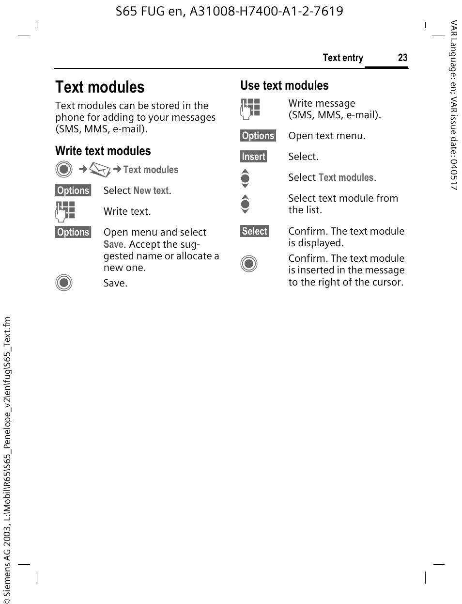 Text modules | Siemens S65 User Manual | Page 24 / 145