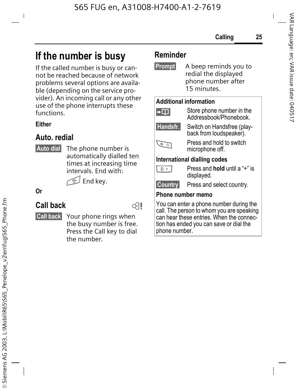 If the number is busy, Auto. redial, Call back b | Reminder | Siemens S65 User Manual | Page 26 / 145