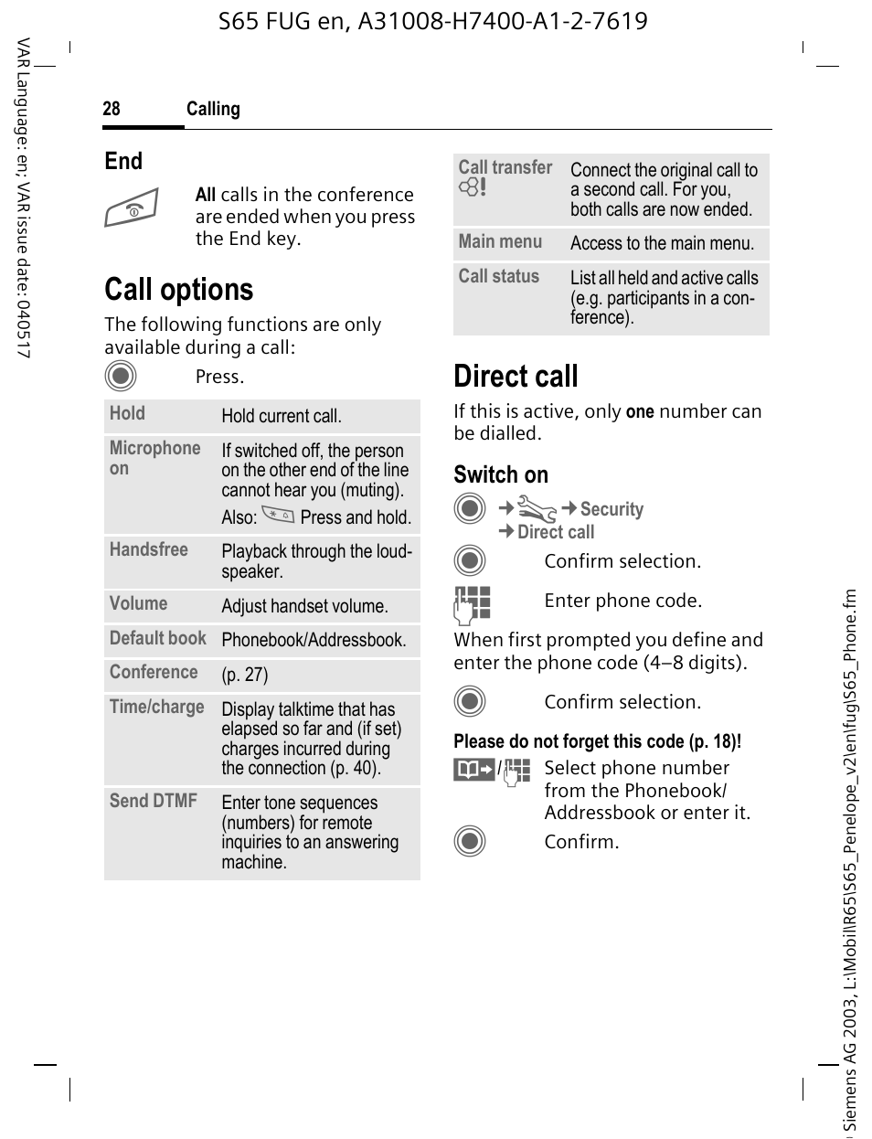 Call options, Direct call | Siemens S65 User Manual | Page 29 / 145