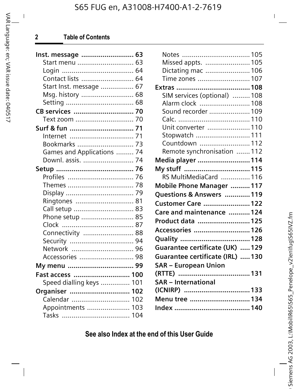 See also index at the end of this user guide | Siemens S65 User Manual | Page 3 / 145