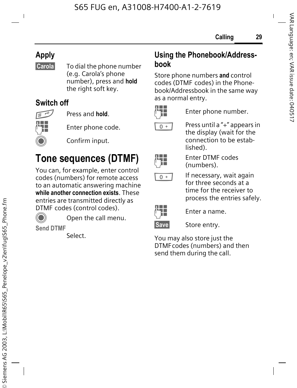 Tone sequences (dtmf) | Siemens S65 User Manual | Page 30 / 145