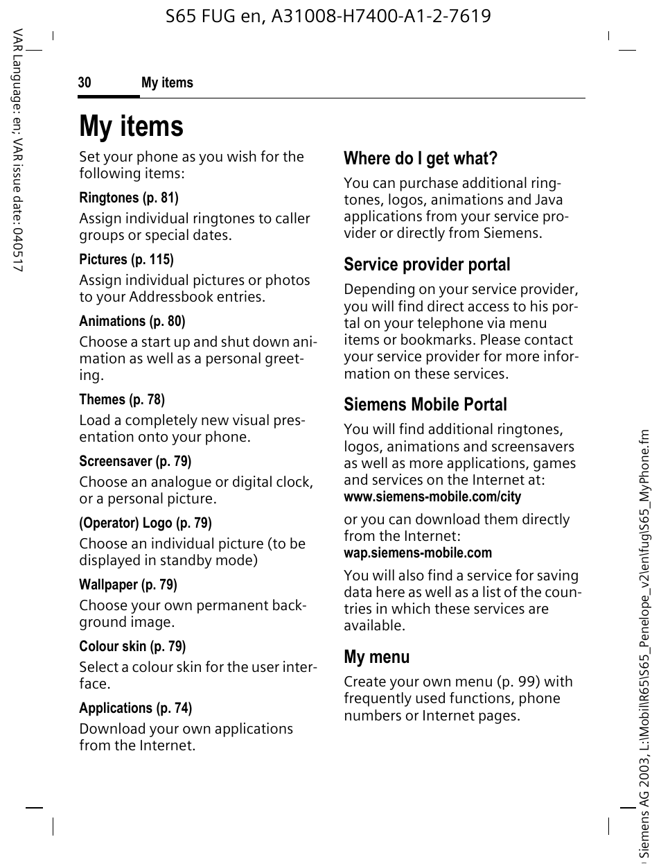 My items, Where do i get what, Service provider portal | Siemens mobile portal, My menu | Siemens S65 User Manual | Page 31 / 145