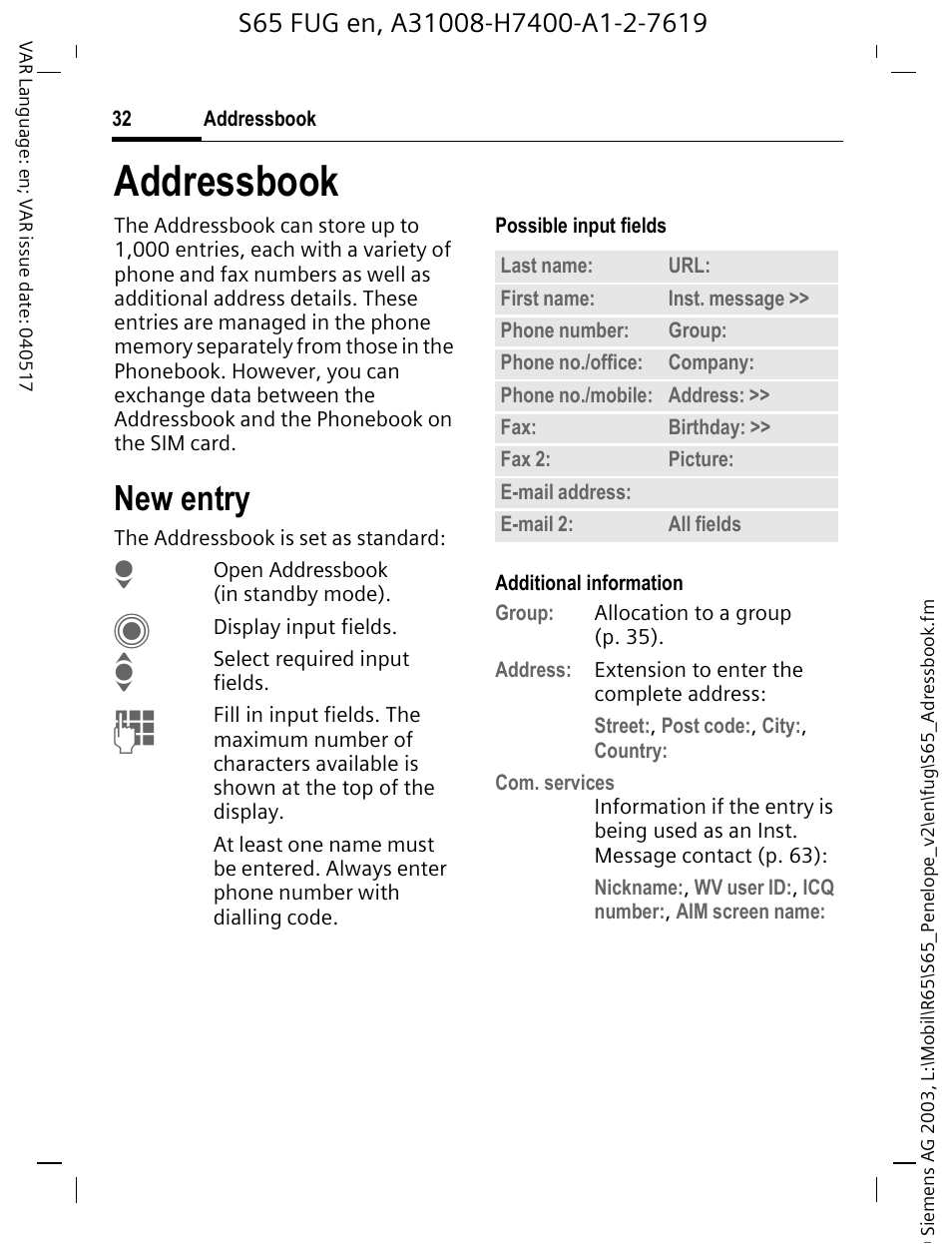 Addressbook, New entry, See also p. 32) | Siemens S65 User Manual | Page 33 / 145