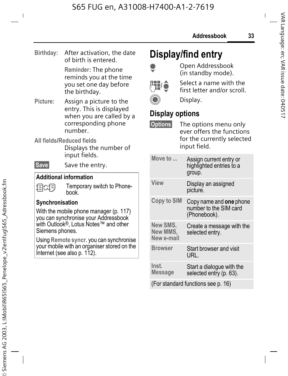 Display/find entry, Display options | Siemens S65 User Manual | Page 34 / 145