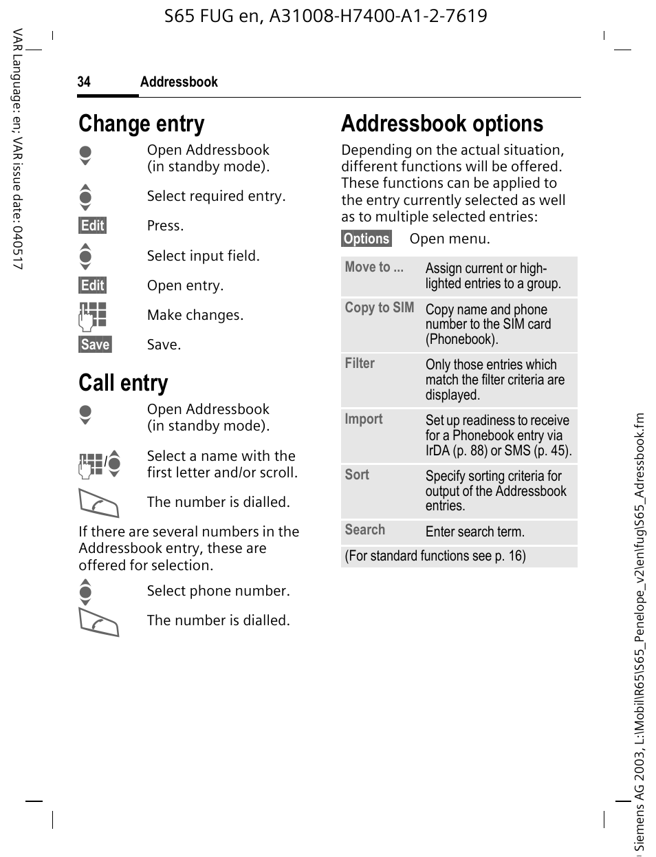 Change entry, Call entry, Addressbook options | Siemens S65 User Manual | Page 35 / 145