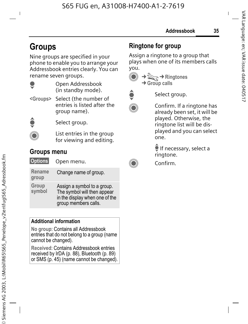 Groups, See p. 35 | Siemens S65 User Manual | Page 36 / 145