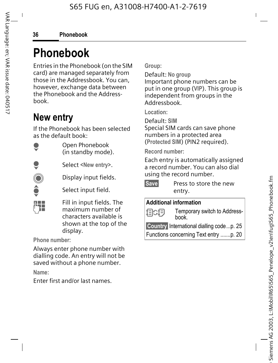 Phonebook, New entry, See also p. 36) | Siemens S65 User Manual | Page 37 / 145