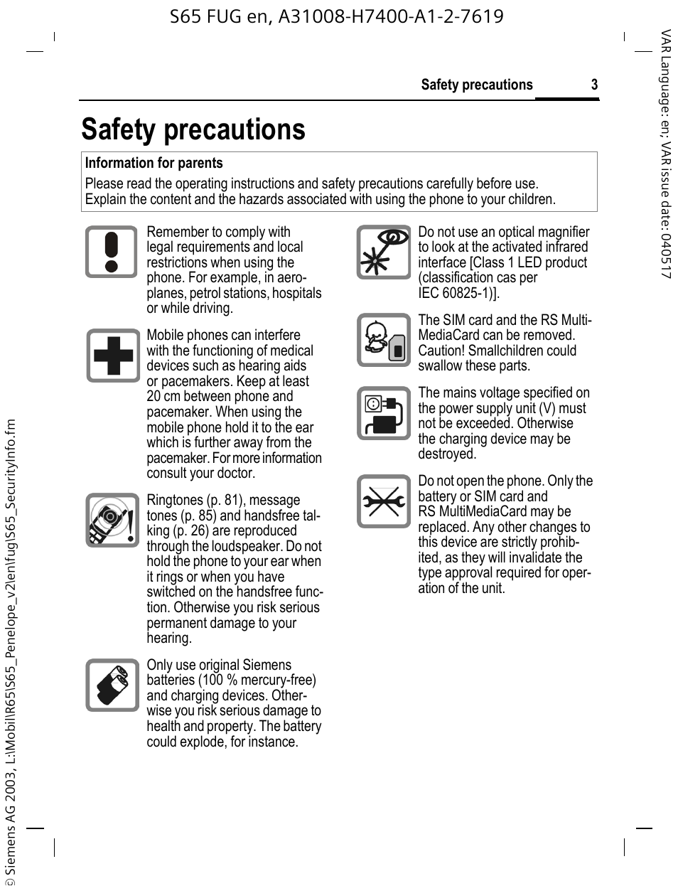 Safety precautions | Siemens S65 User Manual | Page 4 / 145