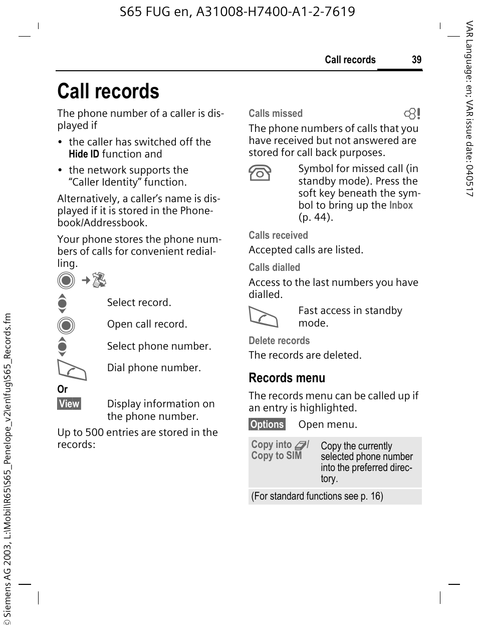 Call records | Siemens S65 User Manual | Page 40 / 145