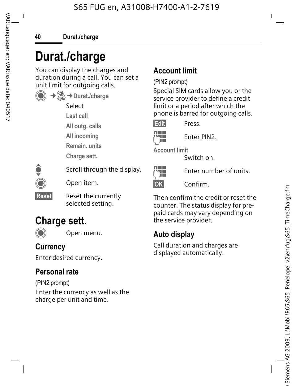 Durat./charge, Durat/charges, Charge sett | Siemens S65 User Manual | Page 41 / 145